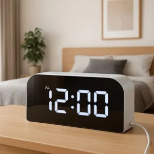 Réveil Numérique Vinabo Miroir LED Blanc – Horloge Digitale de Chevet avec Ports USB et Luminosité Réglable