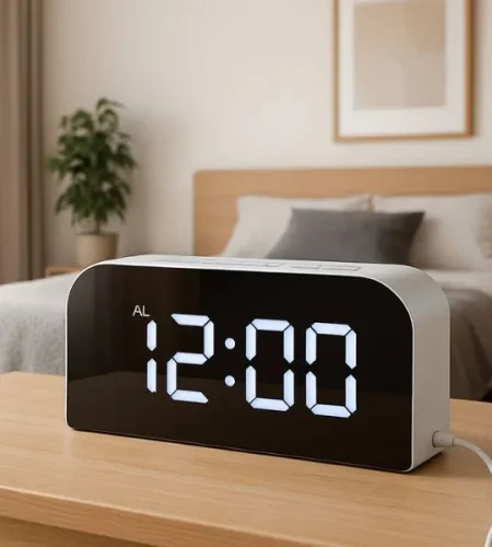 Qui Sommes-Nous Réveil Numérique Vinabo Miroir LED Blanc – Horloge Digitale de Chevet avec Ports USB et Luminosité Réglable